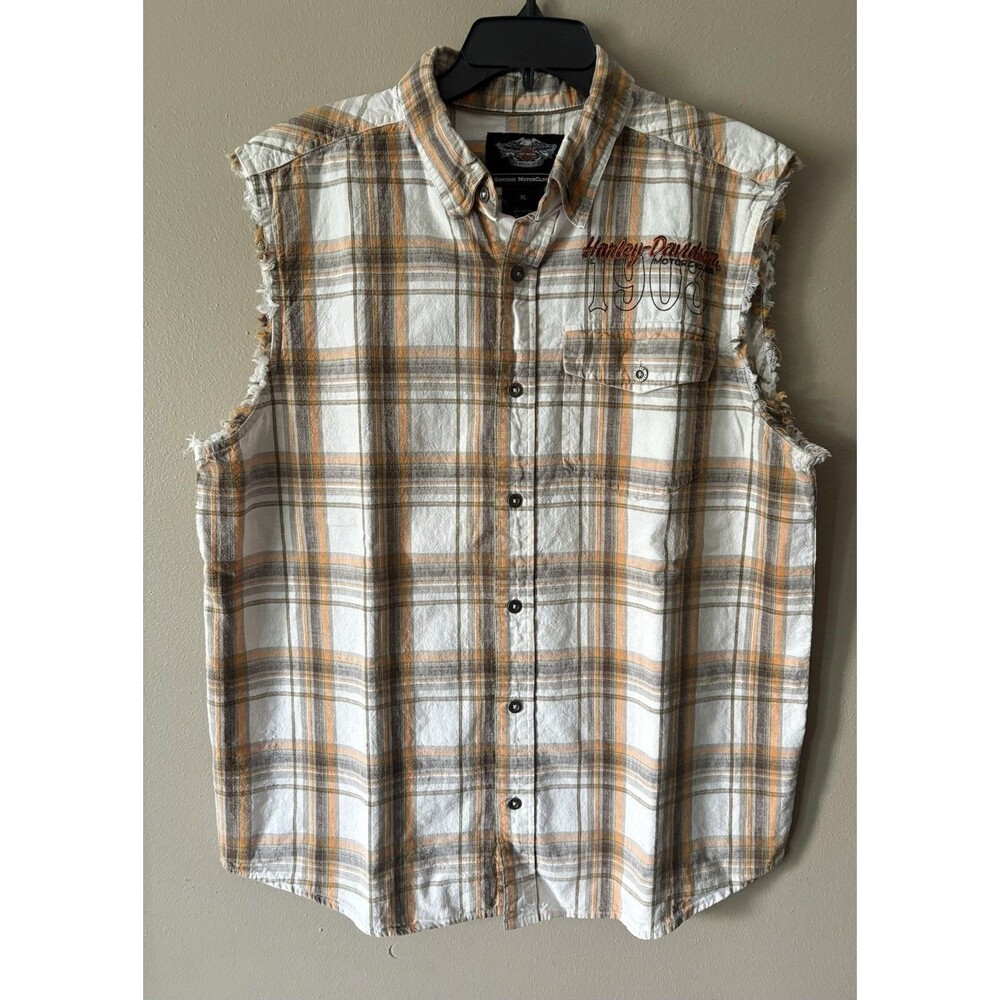 Harley Davidson Men’s XL Sleeveless Orange Plaid Button Down Shirt Embroidered